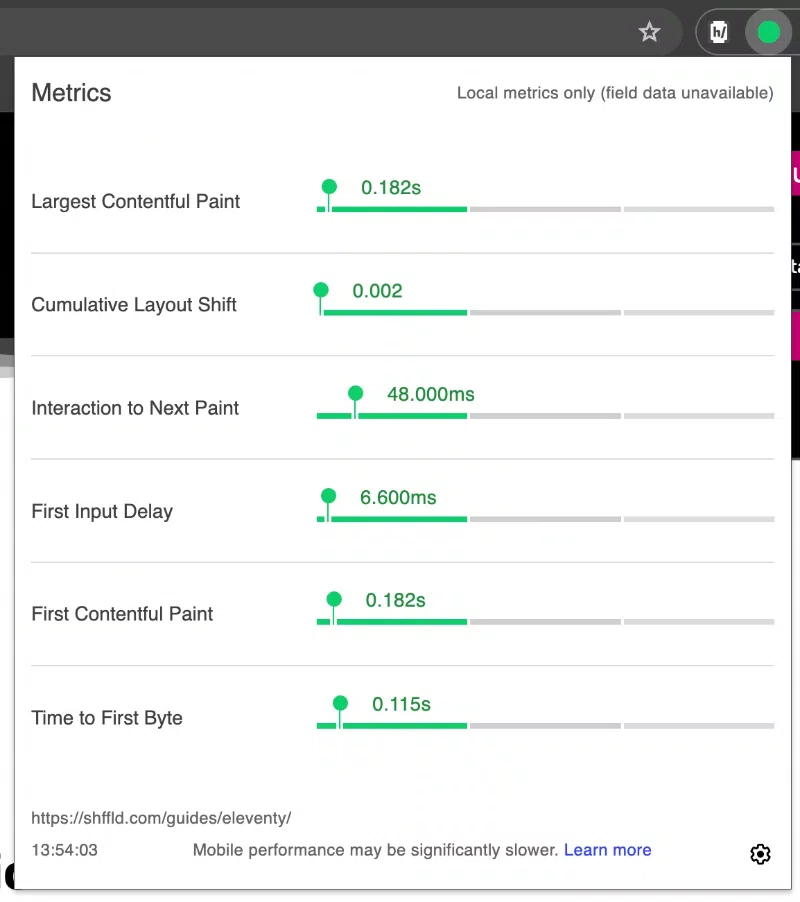 INP score in Web Vitals extension in Chrome